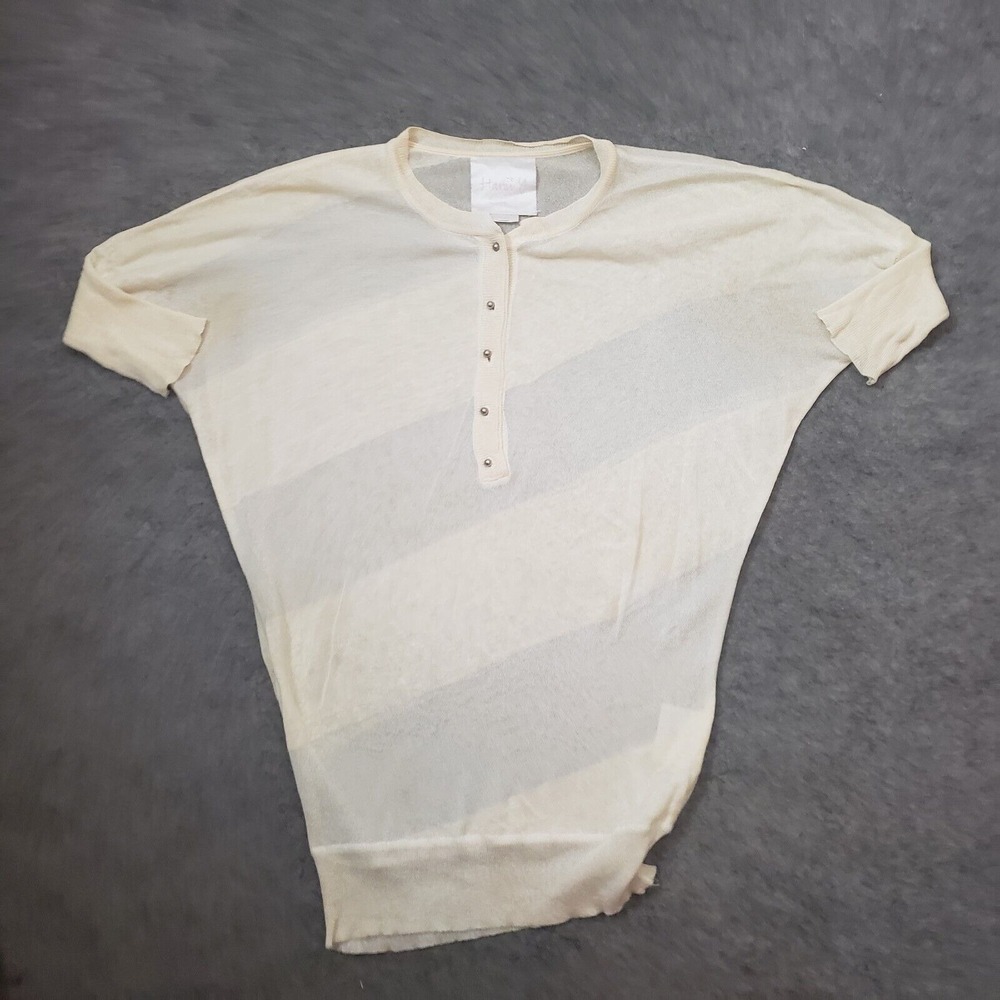 Hanii Y Shirt Womens M Medium‎ Off White 3/4 Sleeve Henley Sheer Casual Ladies *